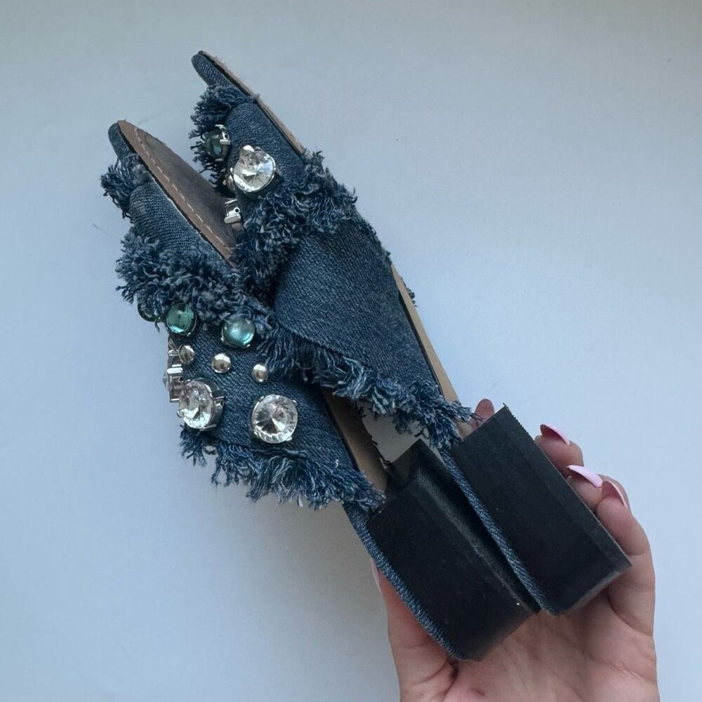 Vince Camuto Fringe Jewel Denim Open Toe Low Heel Comfort Sandal Size 6.5 Blue - Picture 5 of 12